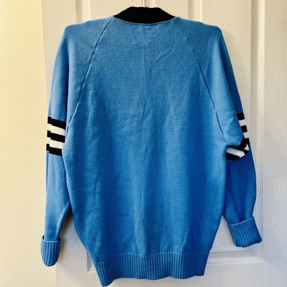 Vtg Varsity Cardigan Sweater L Blue Cheerleader Supply USA Orlon Acrylic Stripes
